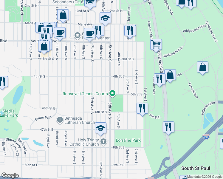 map of restaurants, bars, coffee shops, grocery stores, and more near 422 4th Avenue South in South Saint Paul