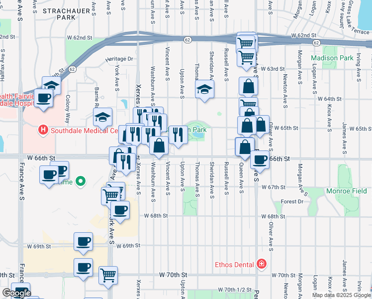map of restaurants, bars, coffee shops, grocery stores, and more near 2740 West 66th Street in Richfield