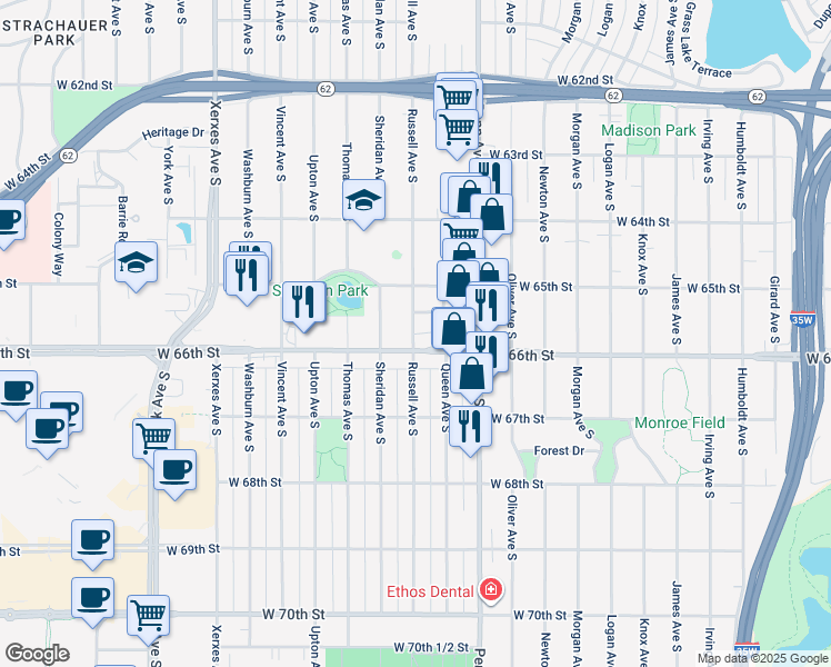 map of restaurants, bars, coffee shops, grocery stores, and more near 2400 West 66th Street in Richfield