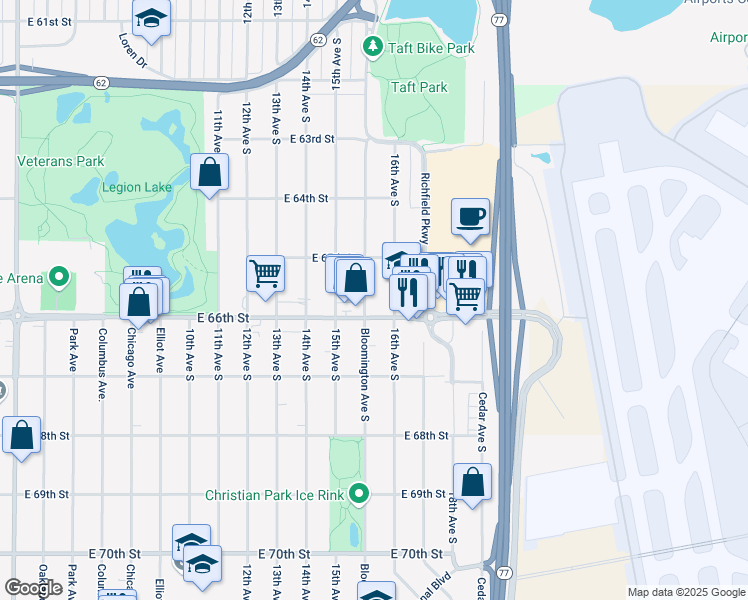 map of restaurants, bars, coffee shops, grocery stores, and more near 6520 16th Avenue South in Minneapolis