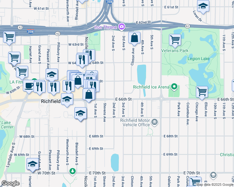 map of restaurants, bars, coffee shops, grocery stores, and more near 6520 2nd Avenue South in Richfield
