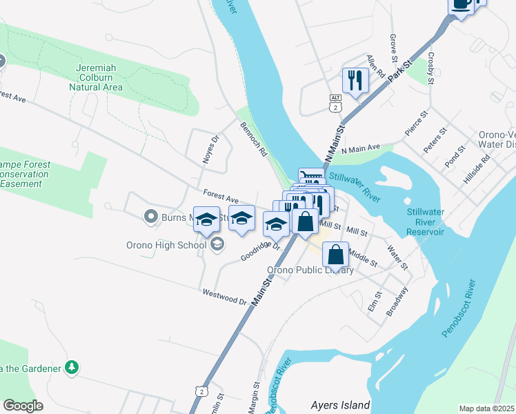 map of restaurants, bars, coffee shops, grocery stores, and more near 1 Tuell Lane in Orono
