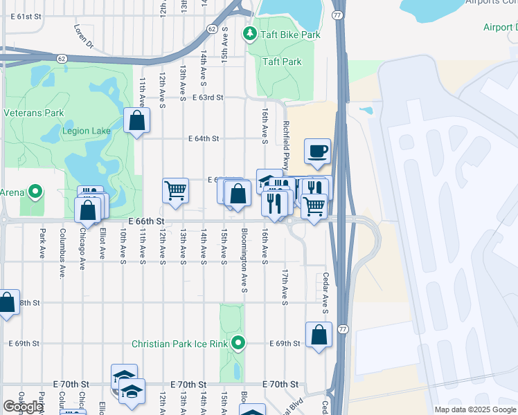 map of restaurants, bars, coffee shops, grocery stores, and more near 6520 16th Avenue South in Minneapolis