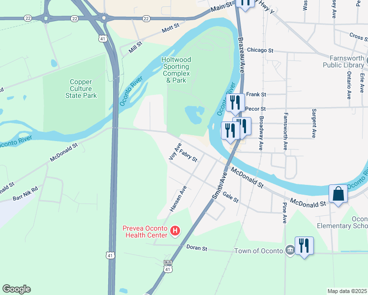 map of restaurants, bars, coffee shops, grocery stores, and more near 1101 McDonald Street in Oconto