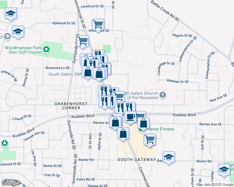 map of restaurants, bars, coffee shops, grocery stores, and more near 1172 Royvonne Avenue Southeast in Salem