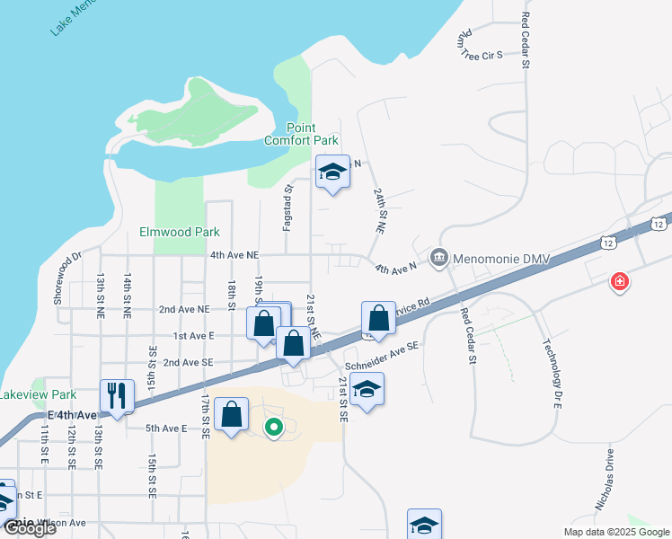map of restaurants, bars, coffee shops, grocery stores, and more near 2110 4th Avenue Northeast in Menomonie