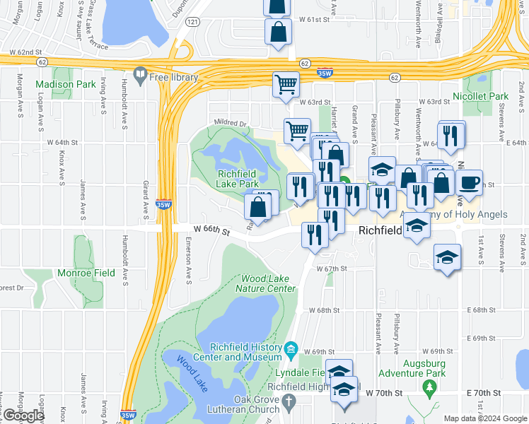 map of restaurants, bars, coffee shops, grocery stores, and more near 858-898 W 65th St in Richfield
