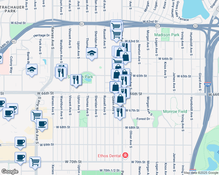 map of restaurants, bars, coffee shops, grocery stores, and more near 2401 West 65th 1/2 Street in Minneapolis