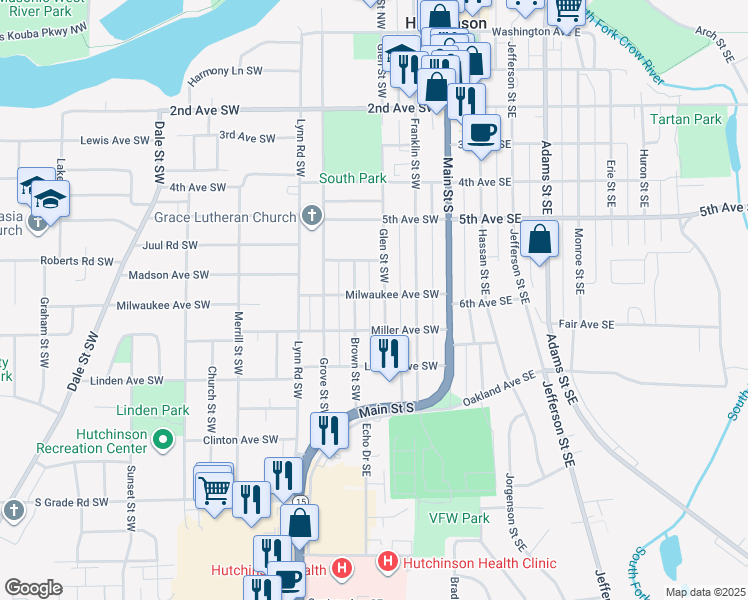 map of restaurants, bars, coffee shops, grocery stores, and more near 218 Milwaukee Avenue Southwest in Hutchinson