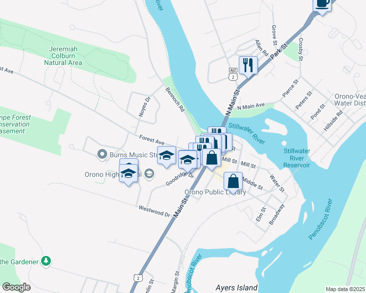 map of restaurants, bars, coffee shops, grocery stores, and more near 1 Tuell Lane in Orono