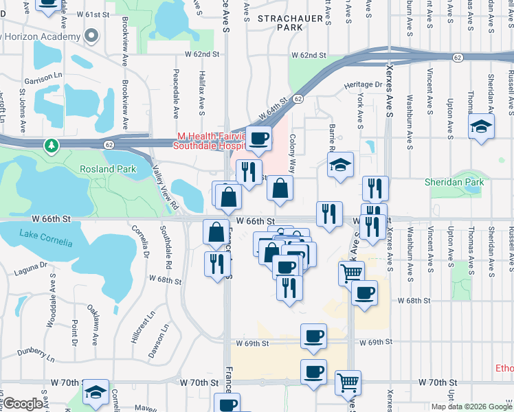 map of restaurants, bars, coffee shops, grocery stores, and more near 6565 France Avenue South in Edina