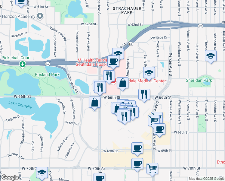 map of restaurants, bars, coffee shops, grocery stores, and more near 6545 France Avenue South in Edina
