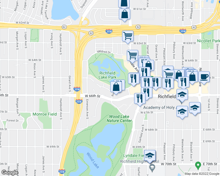 map of restaurants, bars, coffee shops, grocery stores, and more near 910 Rae Drive in Minneapolis