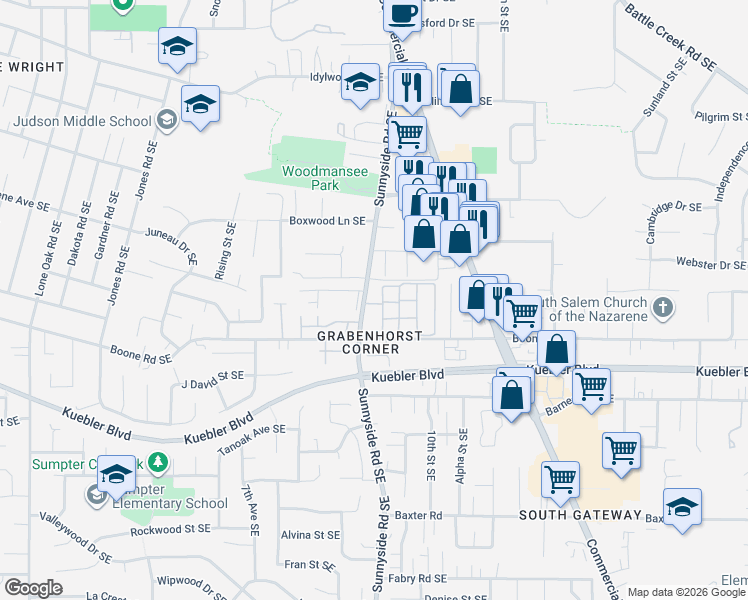 map of restaurants, bars, coffee shops, grocery stores, and more near 4940 Sunnyside Road Southeast in Salem