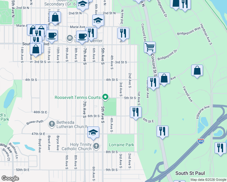 map of restaurants, bars, coffee shops, grocery stores, and more near 422 4th Avenue South in South Saint Paul