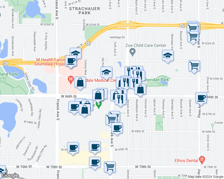 map of restaurants, bars, coffee shops, grocery stores, and more near 3250 West 66th Street in Edina