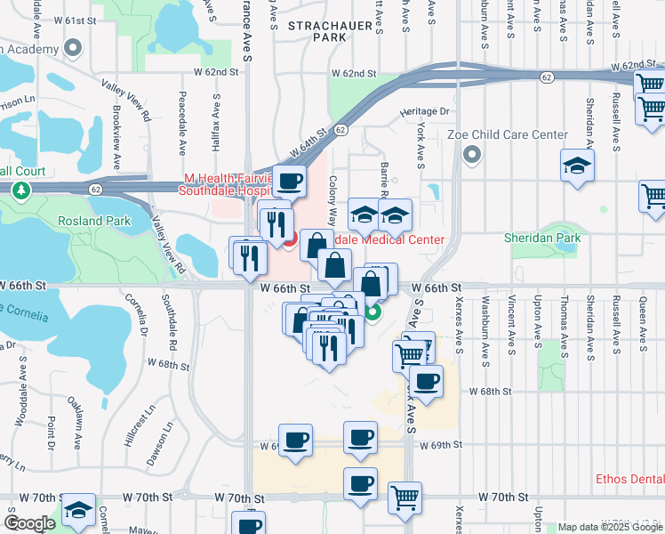 map of restaurants, bars, coffee shops, grocery stores, and more near in Edina