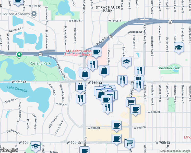map of restaurants, bars, coffee shops, grocery stores, and more near 6545 France Avenue South in Edina