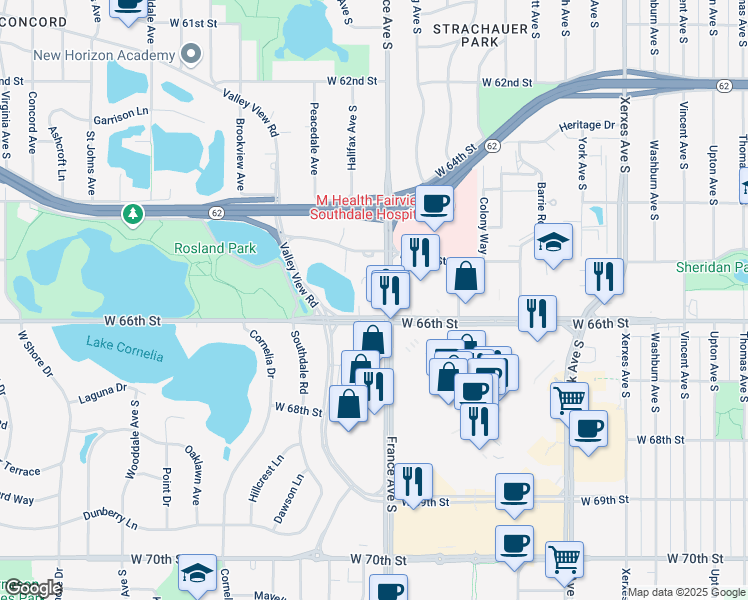 map of restaurants, bars, coffee shops, grocery stores, and more near 6566 France Avenue South in Edina