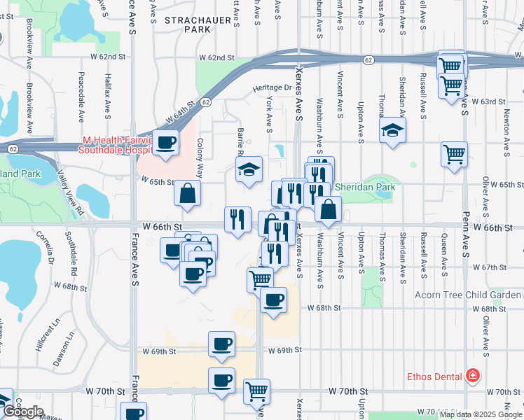 map of restaurants, bars, coffee shops, grocery stores, and more near 3250 West 66th Street in Edina