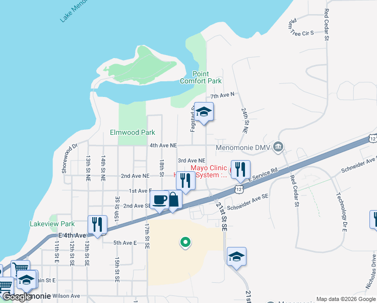 map of restaurants, bars, coffee shops, grocery stores, and more near 1906 4th Avenue Northeast in Menomonie