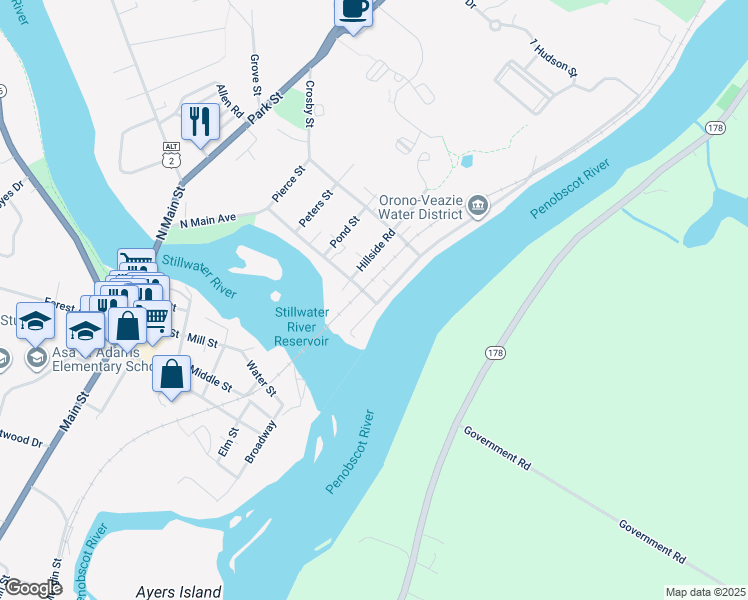 map of restaurants, bars, coffee shops, grocery stores, and more near 5 Shore Drive in Orono