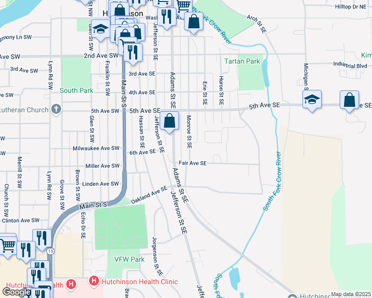 map of restaurants, bars, coffee shops, grocery stores, and more near 570 Monroe Street Southeast in Hutchinson