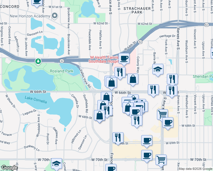 map of restaurants, bars, coffee shops, grocery stores, and more near 6566 France Avenue South in Edina