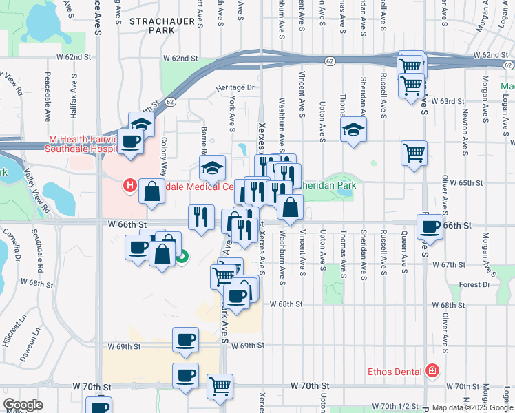 map of restaurants, bars, coffee shops, grocery stores, and more near 6559 County Road 31 in Edina