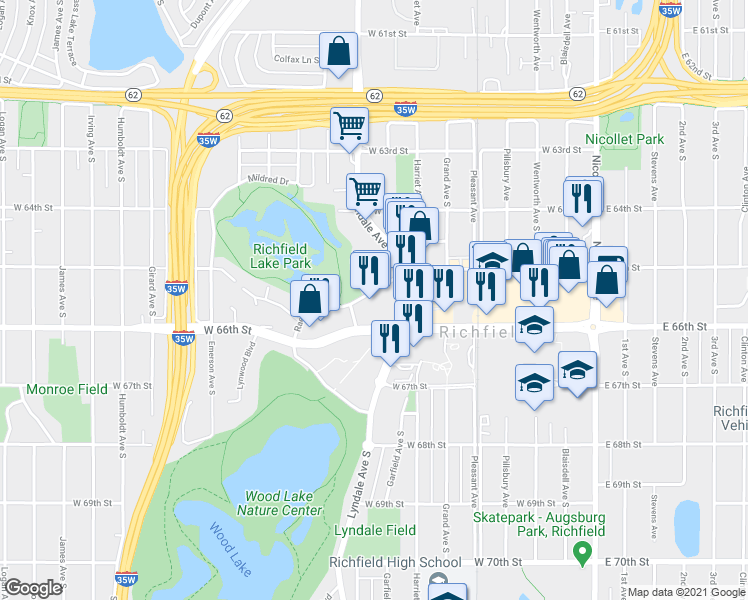 map of restaurants, bars, coffee shops, grocery stores, and more near 700 West 66th Street in Minneapolis