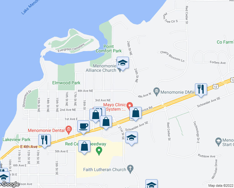 map of restaurants, bars, coffee shops, grocery stores, and more near 2110 4th Avenue Northeast in Menomonie