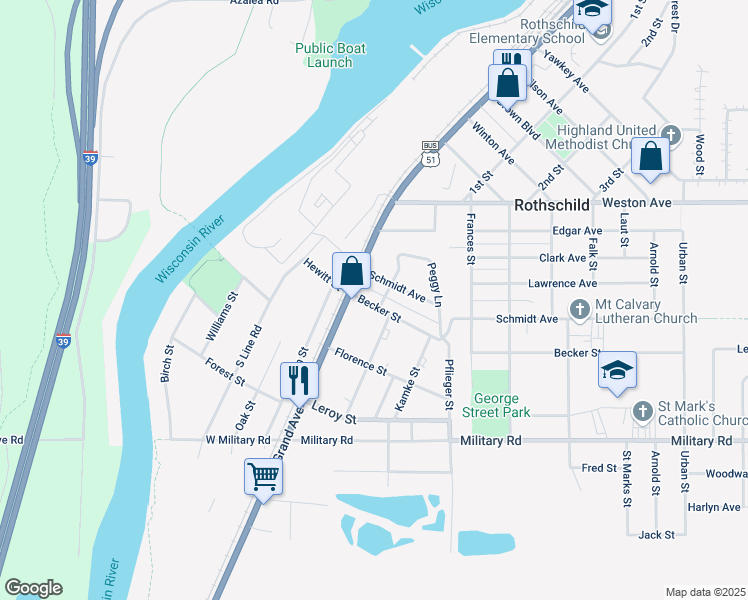 map of restaurants, bars, coffee shops, grocery stores, and more near 20 Becker Street in Rothschild