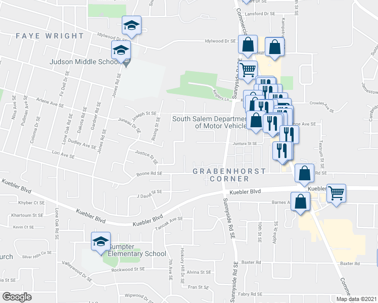 map of restaurants, bars, coffee shops, grocery stores, and more near 773 Boone Road Southeast in Salem
