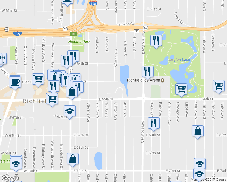 map of restaurants, bars, coffee shops, grocery stores, and more near 324-326 Apple Lane in Richfield