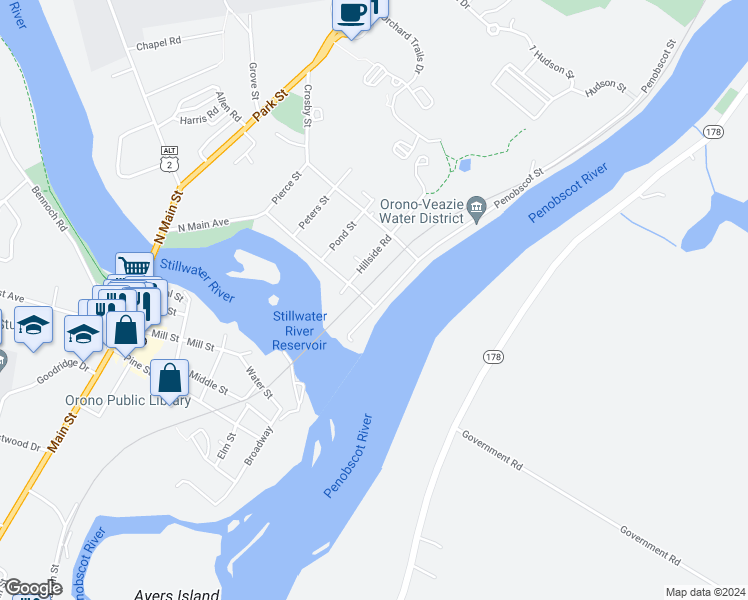 map of restaurants, bars, coffee shops, grocery stores, and more near 16 Penobscot Street in Orono