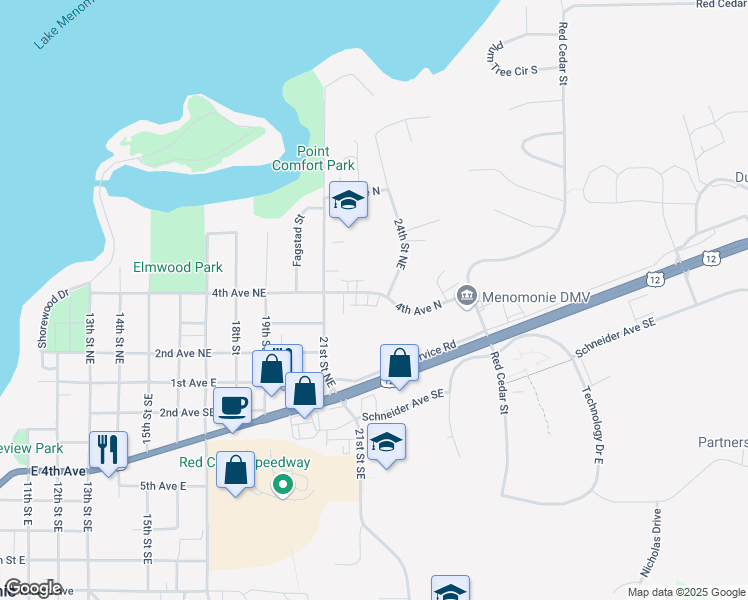 map of restaurants, bars, coffee shops, grocery stores, and more near 2212 4th Avenue Northeast in Menomonie