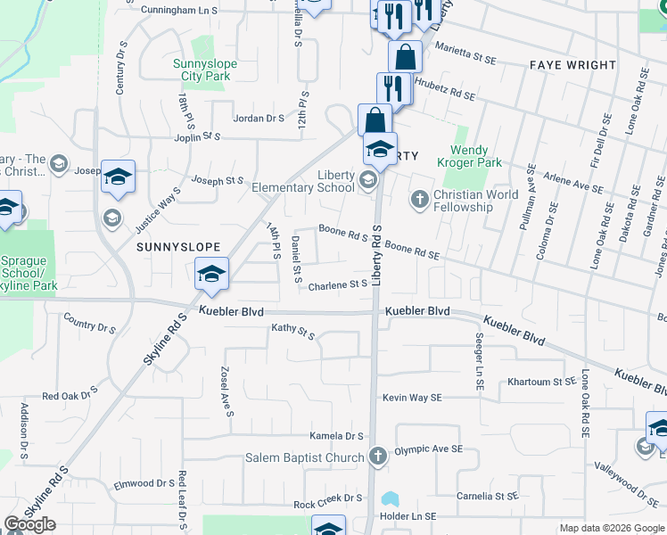 map of restaurants, bars, coffee shops, grocery stores, and more near 1244 Ronelle Street South in Salem