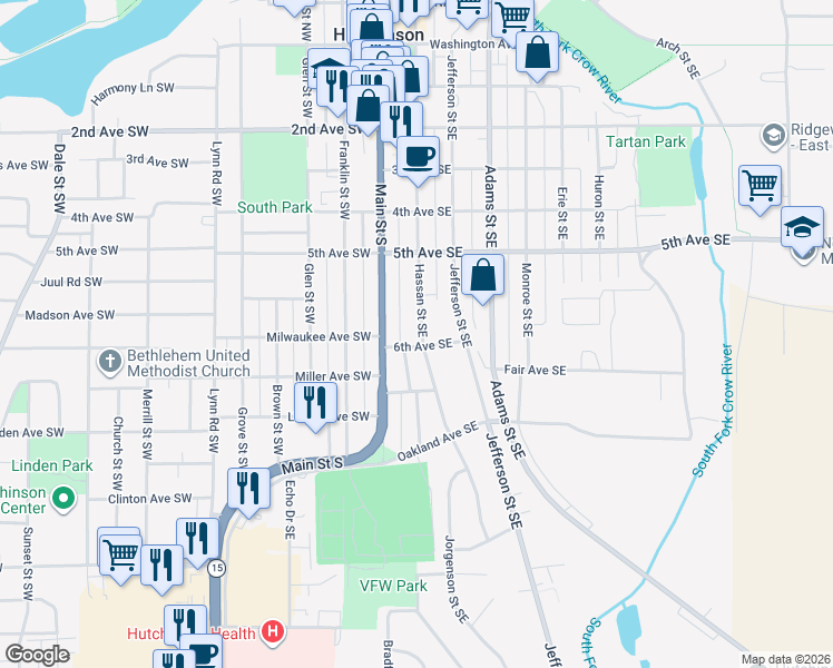 map of restaurants, bars, coffee shops, grocery stores, and more near 586 Hassan Street Southeast in Hutchinson
