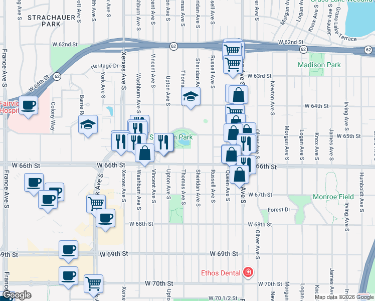 map of restaurants, bars, coffee shops, grocery stores, and more near 6527 Thomas Avenue South in Minneapolis