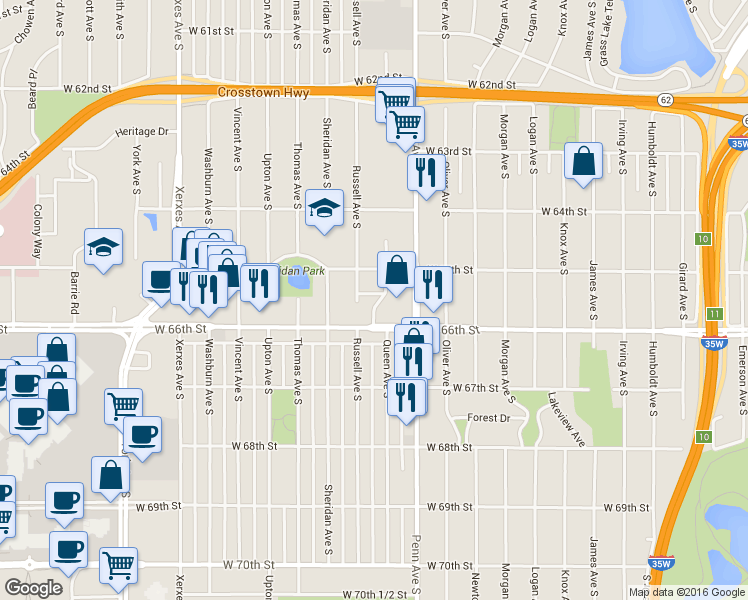 map of restaurants, bars, coffee shops, grocery stores, and more near 2401 West 65th 1/2 Street in Minneapolis