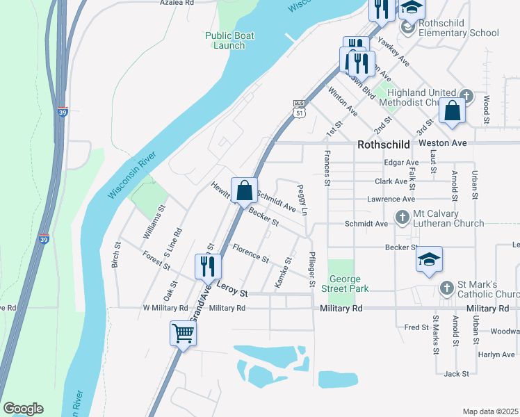 map of restaurants, bars, coffee shops, grocery stores, and more near 407 Grand Avenue in Rothschild