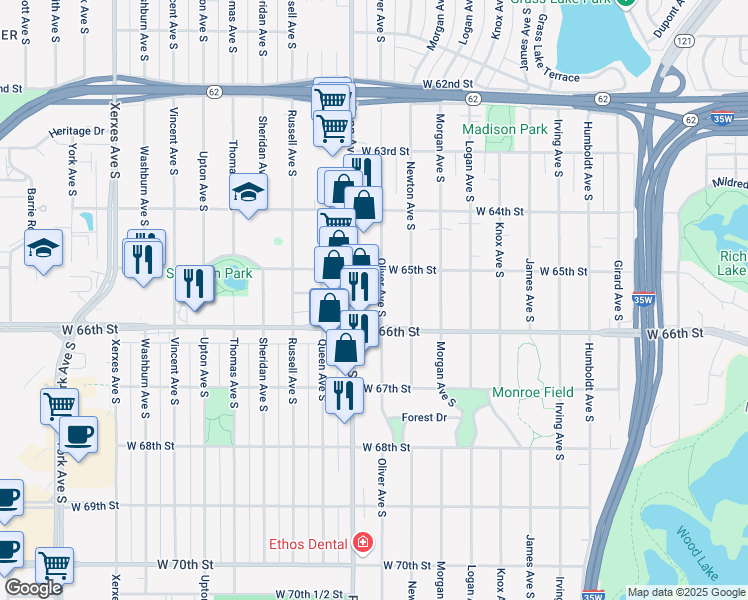 map of restaurants, bars, coffee shops, grocery stores, and more near 6526 Oliver Avenue South in Richfield
