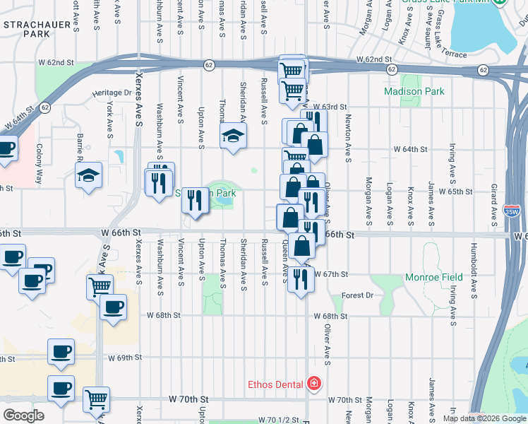 map of restaurants, bars, coffee shops, grocery stores, and more near 2401 West 65th 1/2 Street in Minneapolis