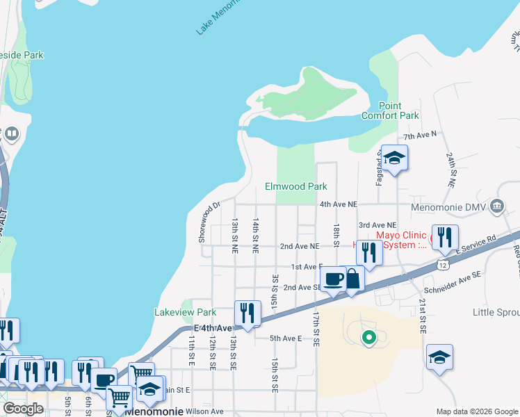 map of restaurants, bars, coffee shops, grocery stores, and more near 322 14th Street Northeast in Menomonie