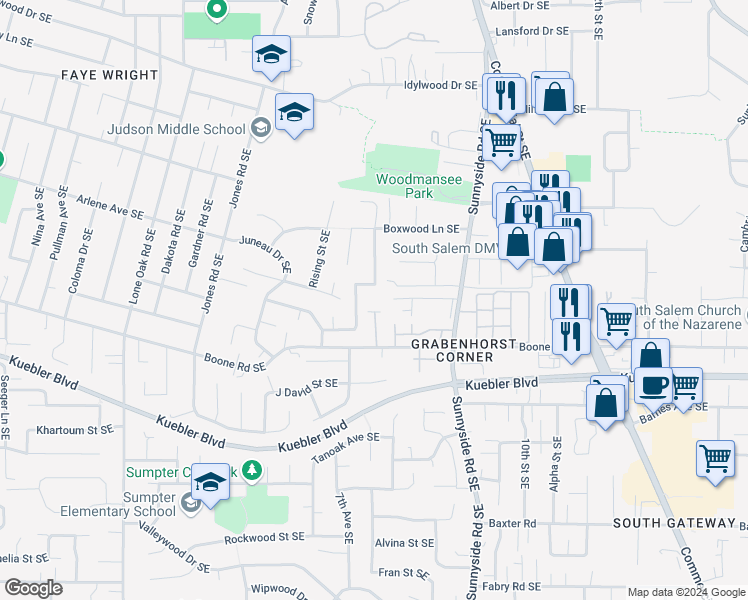 map of restaurants, bars, coffee shops, grocery stores, and more near 773 Boone Road Southeast in Salem