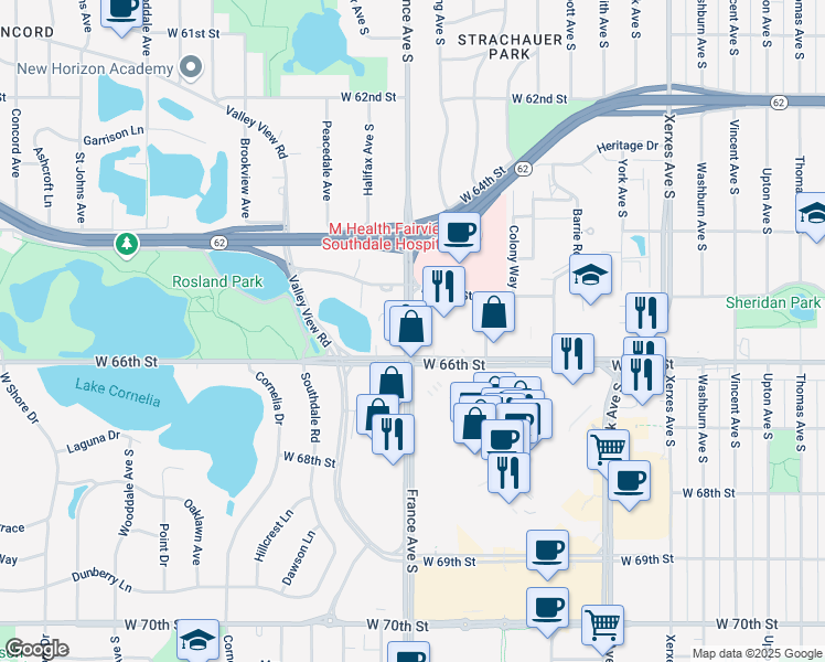 map of restaurants, bars, coffee shops, grocery stores, and more near 6551 France Avenue South in Edina