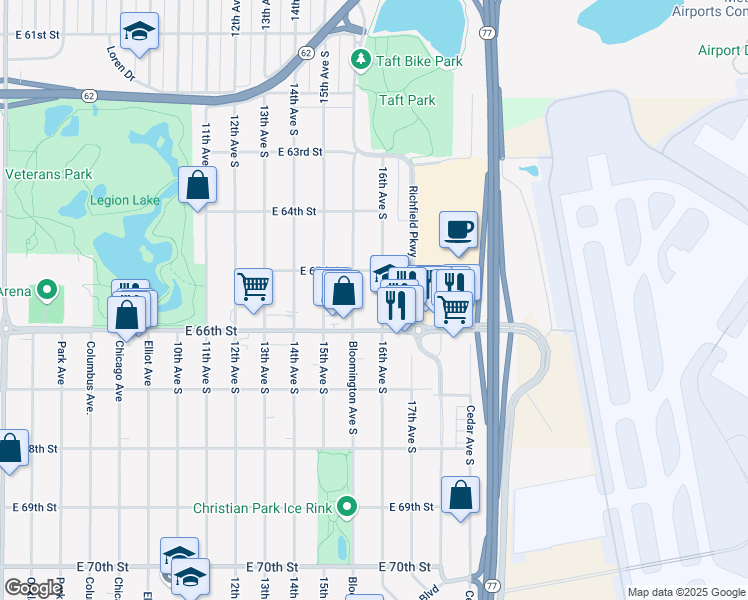 map of restaurants, bars, coffee shops, grocery stores, and more near 6520 16th Ave S in Minneapolis