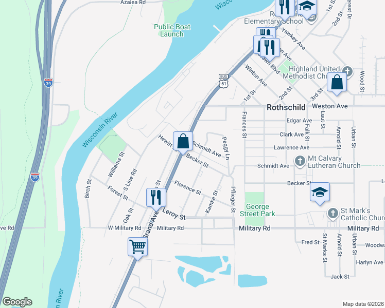 map of restaurants, bars, coffee shops, grocery stores, and more near 18 Becker Street in Rothschild