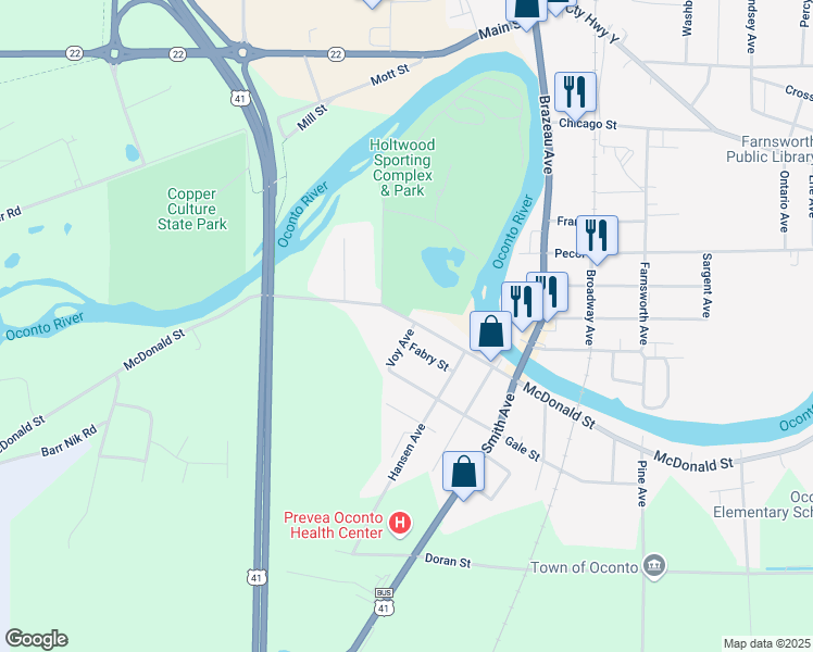 map of restaurants, bars, coffee shops, grocery stores, and more near 1101 McDonald Street in Oconto