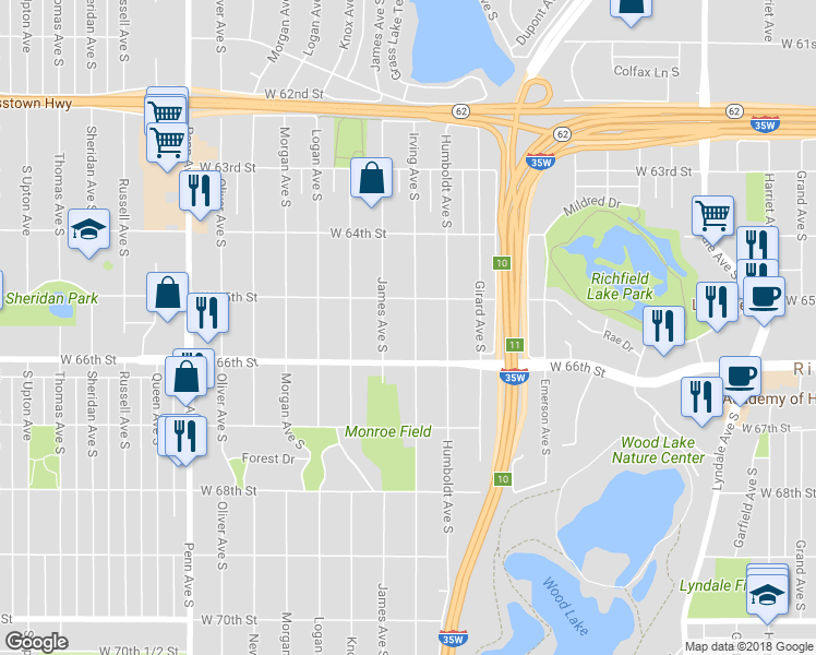 map of restaurants, bars, coffee shops, grocery stores, and more near 6520 Irving Avenue South in Minneapolis